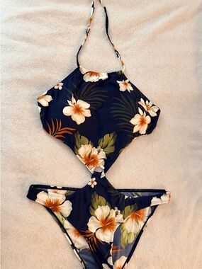 Women’s Navy Floral One-Piece Swimsuit with Cutout